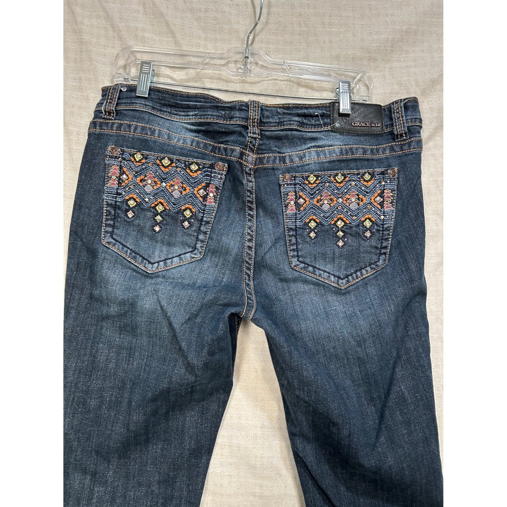 Grace in LA Women Size 33 Dark Wash Straight Embellished Embroidered Jeans #2162 - Picture 6 of 12